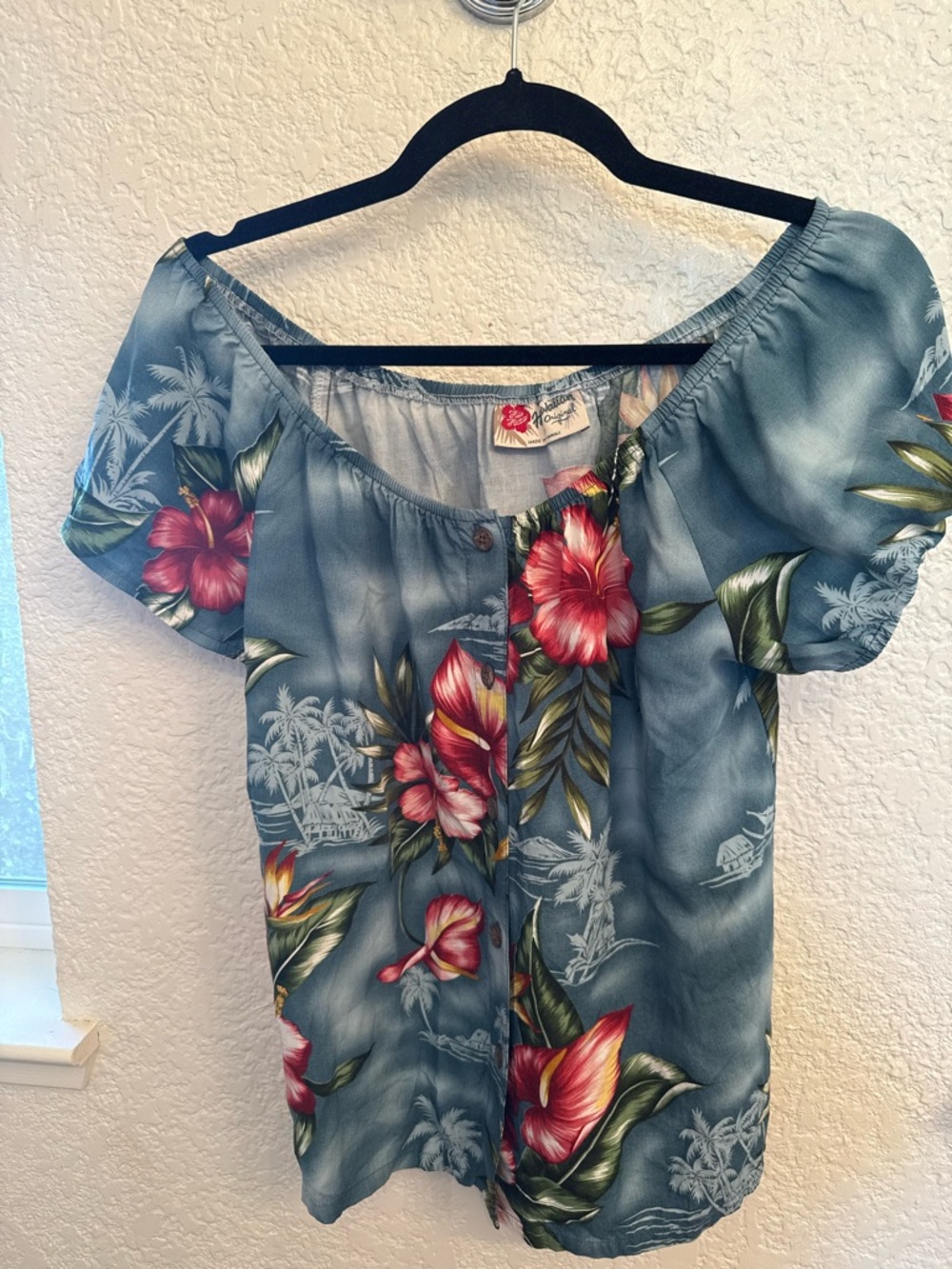 Hilo Hattie Hawaiian Tropical Blue Shoulder Blouse Vintage & Authentic Size XS - Picture 6 of 16